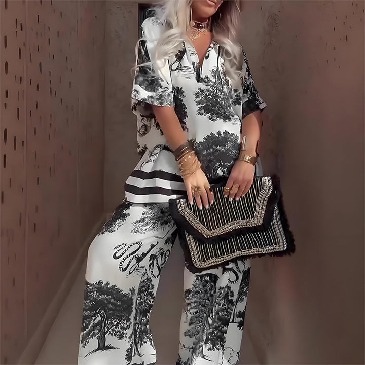 Dulcina - Top Estampado Con Cuello En V y Pantalones Anchos a Juego