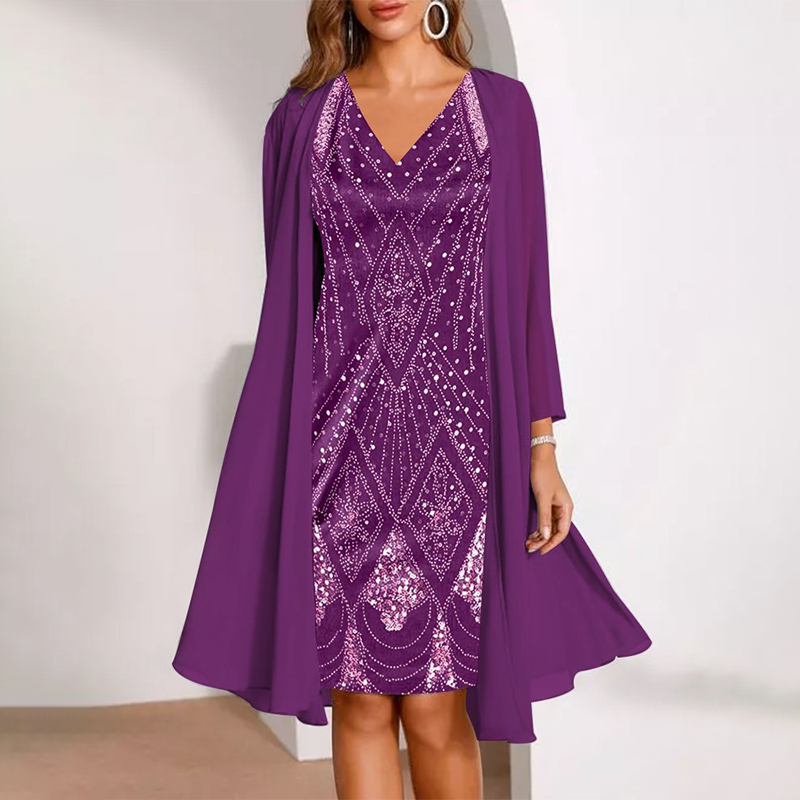 Kamla - Vestido Brillante Con Cuello en V y Capa Transparente