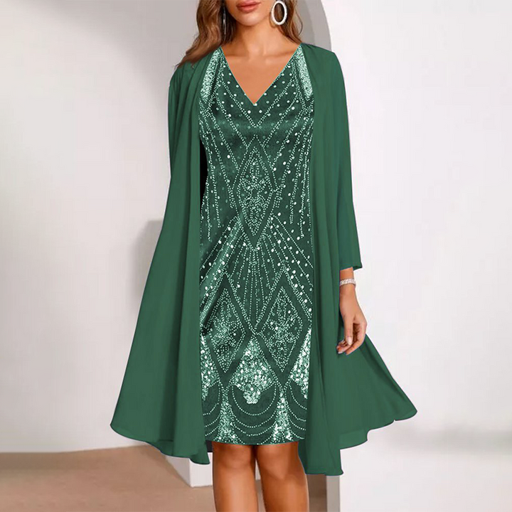 Kamla - Vestido Brillante Con Cuello en V y Capa Transparente