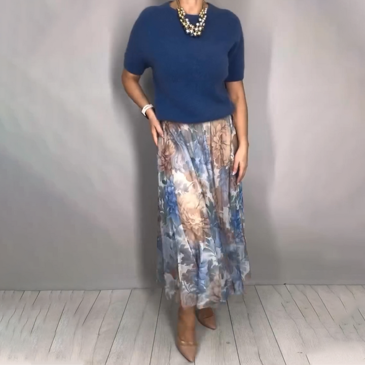 Nirosha - Elegante Top de Punto Con Estampado Floral y Falda Midi