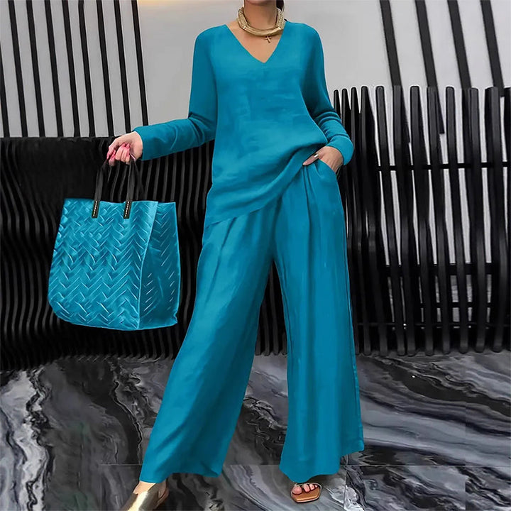 Maheen - Conjunto de Punto Para Estar Por Casa Con Pantalones Acampanados