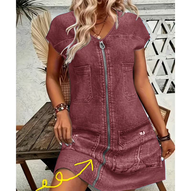 Esinila - Vestido Vaquero De Manga Corta Con Cremallera