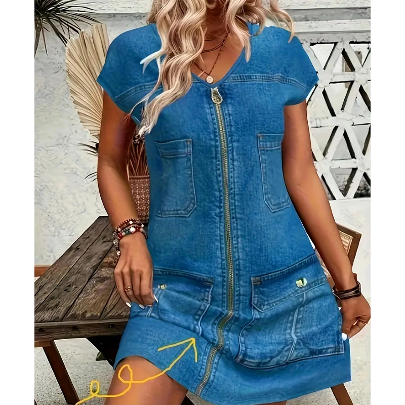 Esinila - Vestido Vaquero De Manga Corta Con Cremallera