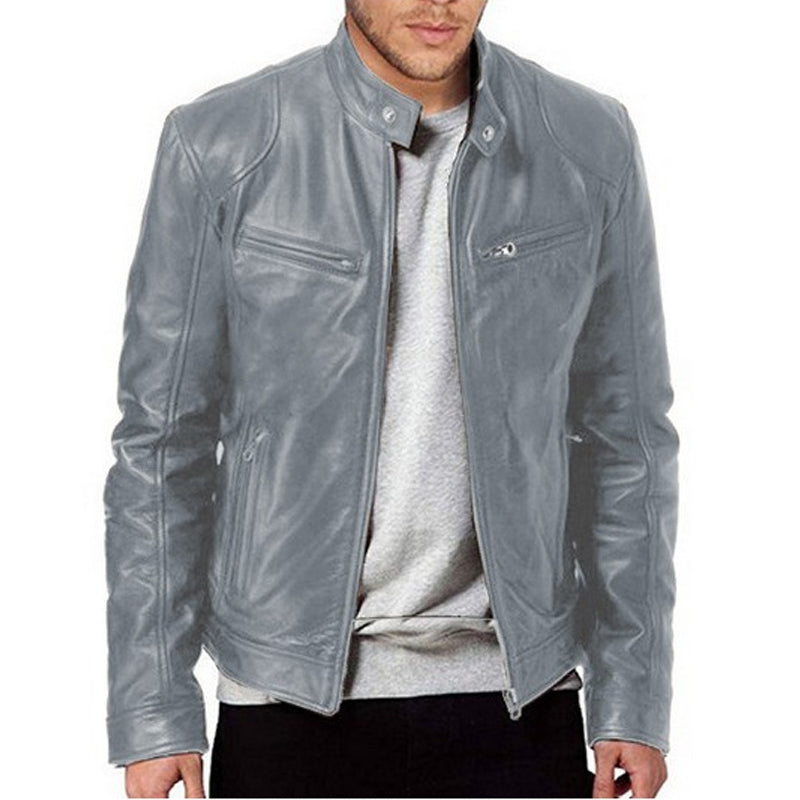 Emanual - Chaqueta de Cuero Con Cuello Alto y Cremallera
