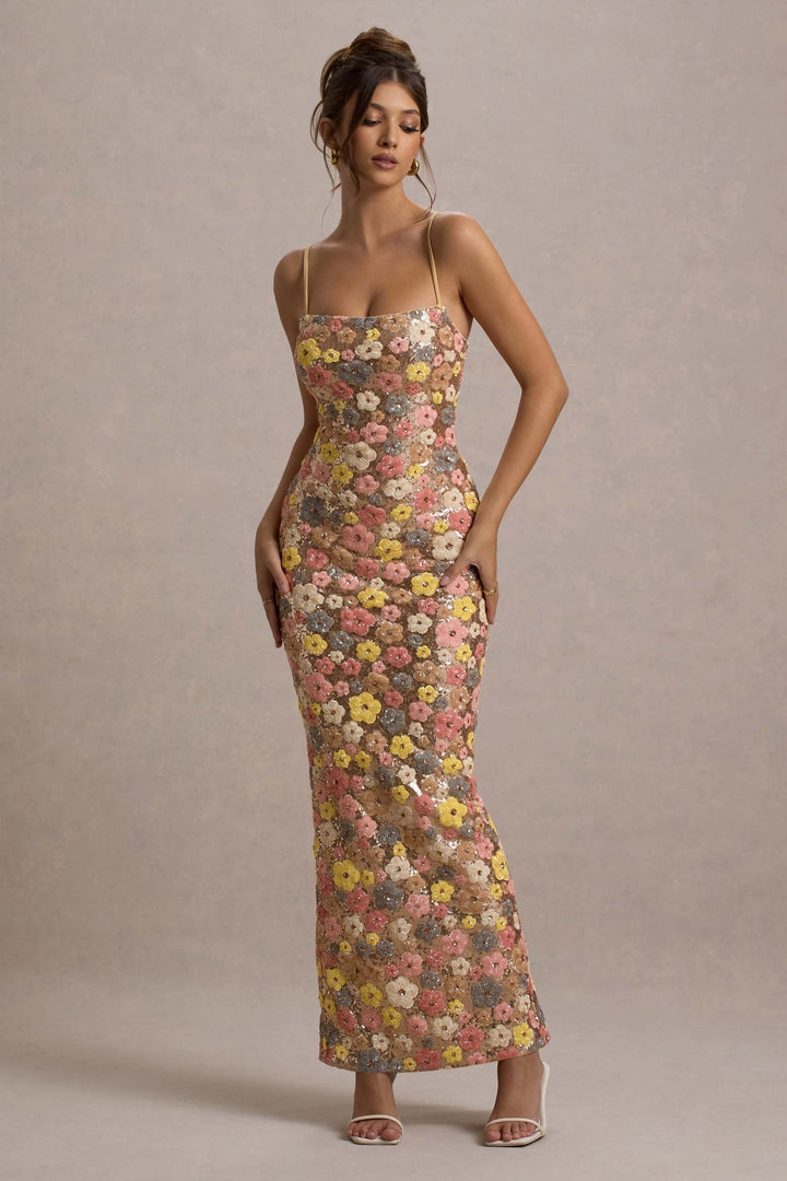 Lolita - Vestido Largo de Tirantes Finos con Estampado Floral y Lentejuelas